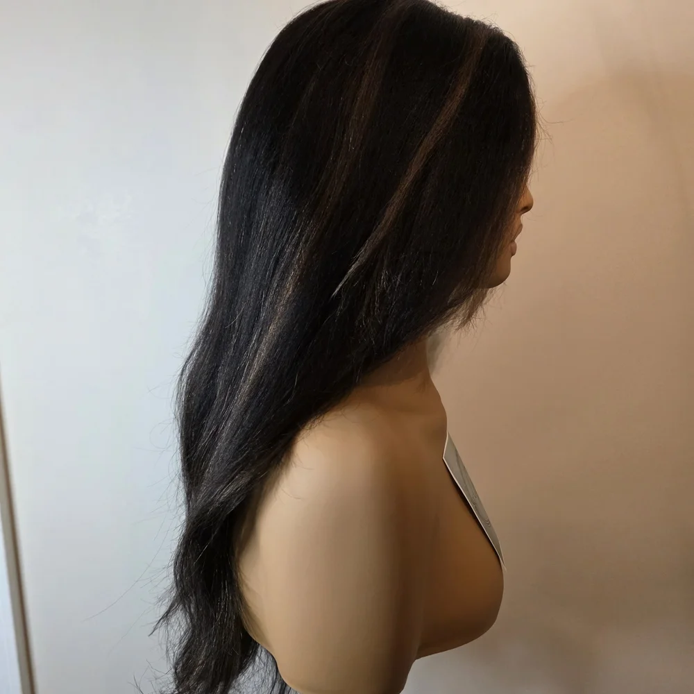 Natural Black Chestnut Highlight Yaki Straight Human Hair Wig - Picture 3 of 11